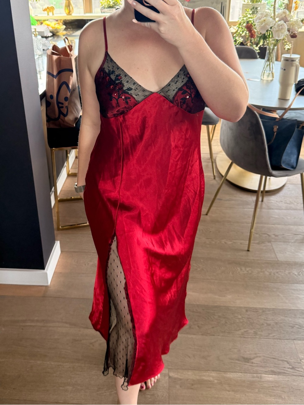 Vintage Red Satin Slip Dress with Black Lace Detail | Size Large